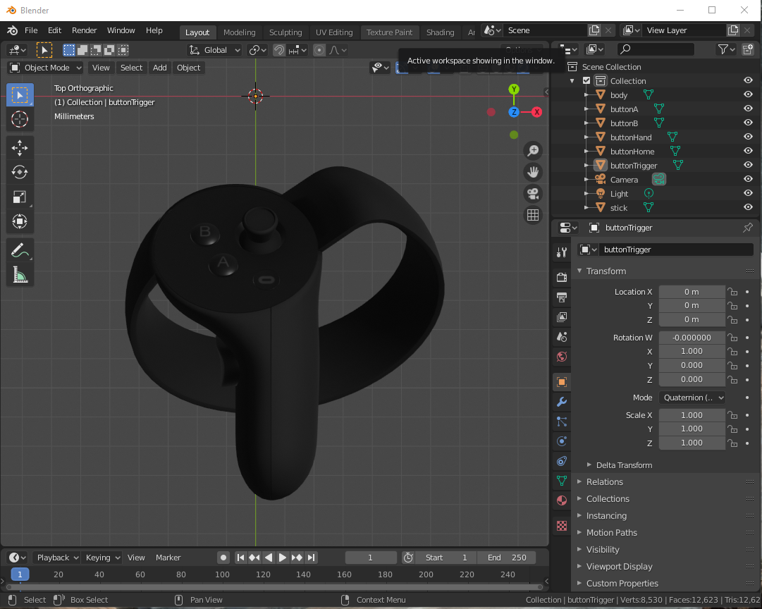 Blender 2.8, with an Oculus Touch controller mesh